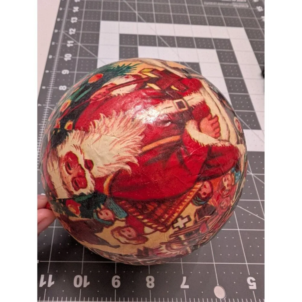 Santa Clause decoupage  large ball ornament Christmas‎ present scene hanging vtg